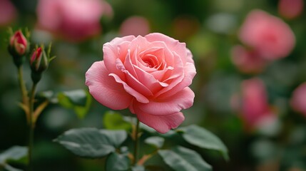 Exquisite pink rose blossoms amid lush garden foliage for an elegant display