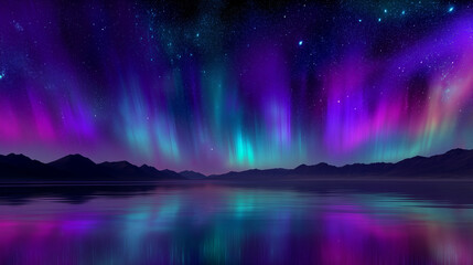 cosmic landscape featuring a vast, colorful nebula stretching across the night sky, filled with swirling galaxies, twinkling stars, and radiant auroras