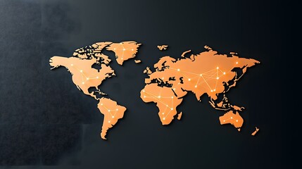 An orange illuminated world map on a dark background shows interconnected nodes representing global network connectivity.