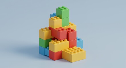 Fototapeta premium Colorful Plastic Blocks Construction, Creative Building Blocks Tower, Playful Stack of Blocks, Childhood Memories, Development and Creativity