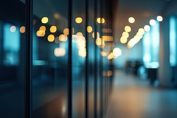 Blurred modern office interior, glass partitions, and warm lighting.  Bokeh effect creates a soft ambiance
