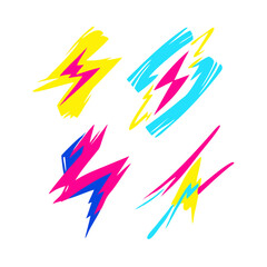 Abstract Lightning Bolt Set In Vivid Neon Colors On Black Background