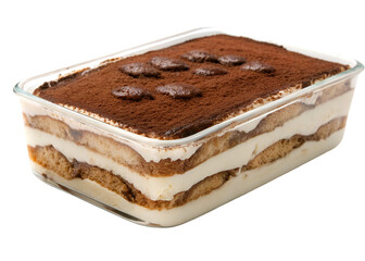 Classic tiramisu dessert with layers of ladyfingers and mascarpone cream isolated on transparent background.
