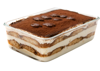 Classic tiramisu dessert with layers of ladyfingers and mascarpone cream isolated on transparent background.
