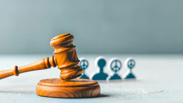 Judicial Peace: A wooden gavel strikes a block, symbolizing justice, with silhouette peace symbols against a blurred background, evoking notions of social advocacy. 