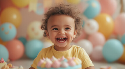 Fototapeta premium happy birthday moment with a laughing child in front of a pastel-themed cake table with decorations