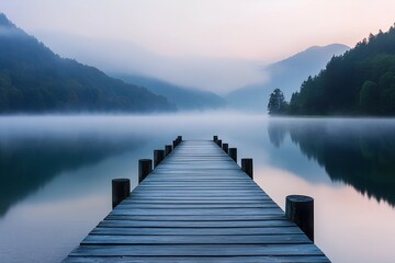 Fototapeta premium Serene wooden pier extending into a misty lake surrounded by fog-covered mountains at dawn
