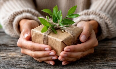Gently held gift, wrapped in brown paper, adorned with greenery