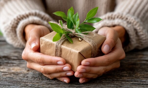 Gently held gift, wrapped in brown paper, adorned with greenery