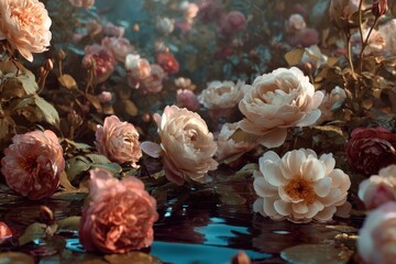 Delicate blush and cream roses float on dark water, creating a dreamy, ethereal scene.