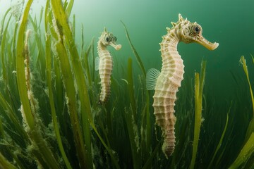 Two seahorses gracefully swimming among lush green underwater vegetation in a serene ocean environment