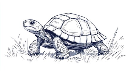 Fototapeta premium Turtle walking in grass, line art illustration, nature