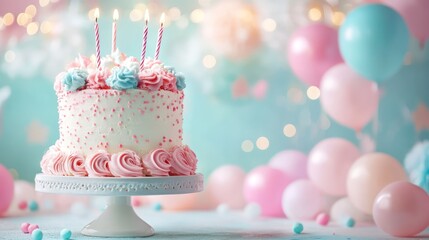 Elegant Birthday Cake Surrounded by Festive Balloons in Pastel Colors