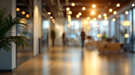 Blurred interior view showcases a modern office space with soft lighting