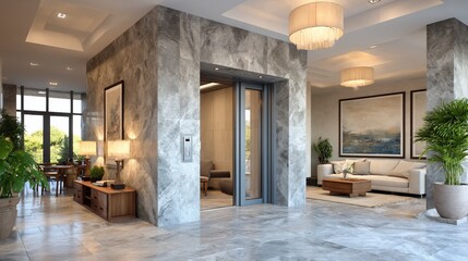 Luxurious lobby with elevator, seating area, and modern decor