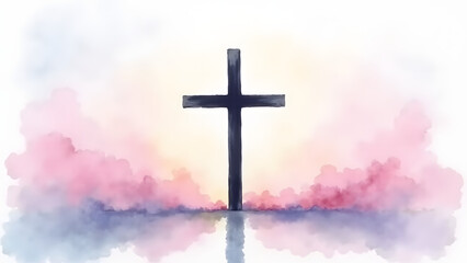 Obraz premium Peaceful watercolor cross against pastel dawn sky. Soft pink, blue, and lavender blend with wispy clouds, symbolizing faith and renewal. Minimalist and serene.