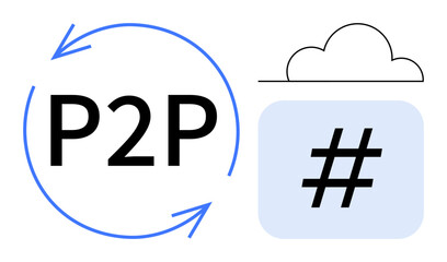 Fototapeta premium P2P surrounded by arrows, cloud icon, and metadata tag symbol. Ideal for technology, networking, collaboration, data sharing, cloud storage, hashtag concept simple landing page