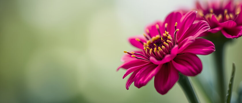Vibrant Magenta Zinnia Flowers on Soft Green Bokeh Background Banner