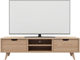 Modern wooden TV stand in bright living room