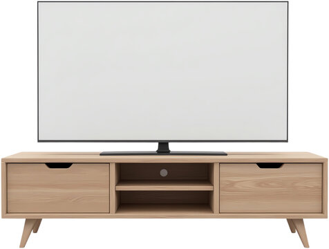 Modern wooden TV stand in bright living room