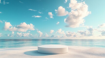 Minimalist 3D podium with a single product on a pristine beach under a soft blue sky with abstract clouds, tropical summer vibe, ultra-clean rendering