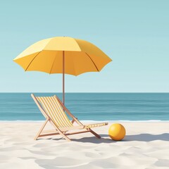 3D Vector Illustration of Yellow Beach Chair, Umbrella, and Ball - Minimal Summer Holiday Travel Concept with Copy Space