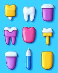 Colorful illustrations of dental hygiene and oral health equipment