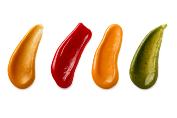 Colorful sauce smears isolated on transparent background. Orange, red, and green condiment swipes. Food decoration elements for culinary design. Ketchup, mustard, pesto concept.