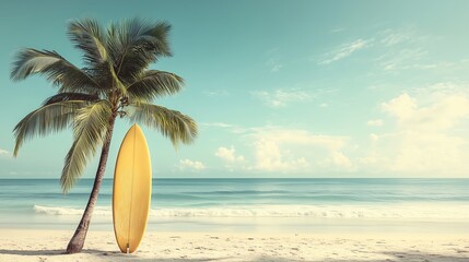 Surfboard and Palm Tree on Beach in Vintage Tone for Minimalist Composition