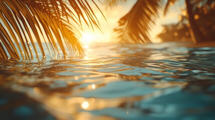 Tranquil Close-Up of Calm Sea Waves with Palm Trees - Minimal Tropical Sunrise or Sunset Scene