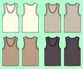 Tank top bundle set technical drawing fashion flat sketch vector illustration template front and back views outline CAD mockup