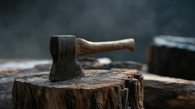 Rustic axe rests on a weathered tree stump, dark background with subtle smoke or steam. The axe head shows signs of age and use.  Natural light creates a moody atmosphere.