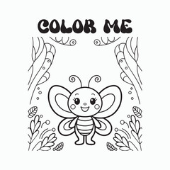 Cartoon kawaii Butterfly Character – Cute Black and White Line Art for Kids' Coloring Book.