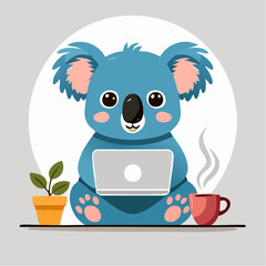 Naklejka premium Minimalist vector illustration of a cute koala sitting and working on a laptop, with a cup of coffee , pastel color style