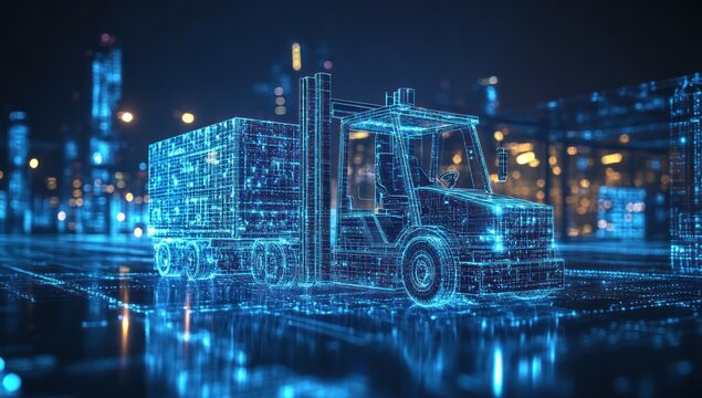 digital depiction of a forklift with glowing neon circuitry against a blurred urban backdrop symbolizing technological logistics evolution
