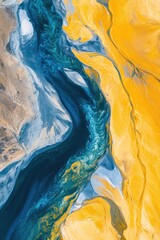 Aerial view of vibrant ocean waves crashing onto a golden sandy beach. with swirling patterns of water and sand creating a striking contrast in colors and textures