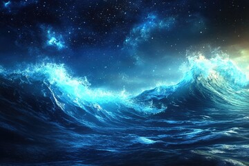 Fototapeta premium A mesmerizing view of tumultuous ocean waves illuminated by a cosmic night sky. showcasing vibrant colors and swirling patterns. perfect for backgrounds or digital art