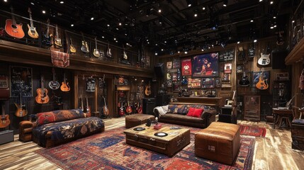 Naklejka premium Guitars, amps, and memorabilia fill a rock 'n' roll themed lounge