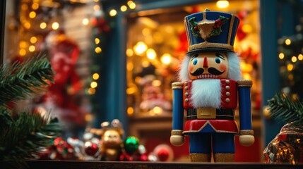 Obraz premium Christmas nutcracker figurine in a festive market setting.