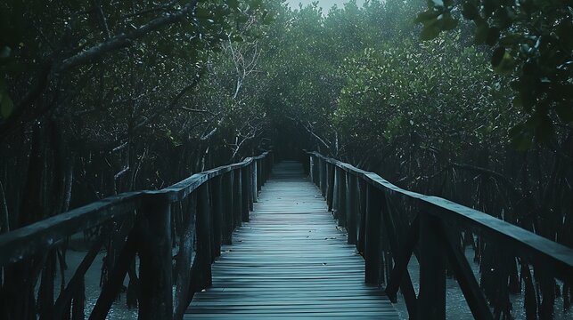 A weathered wooden boardwalk stretches into a lush green mangrove swamp on a misty day