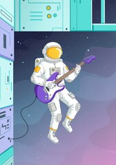 Naklejka premium Astronaut playing electric guitar in space near a futuristic station