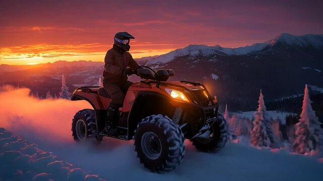 A lone rider fearlessly navigates his ATV across a snow-covered landscape, bathed in the warm glow of a breathtaking sunset
