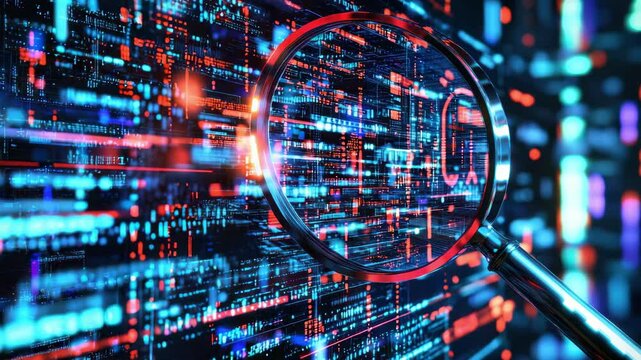 Digital data analysis with magnifying glass, technology and glowing code for advanced insights