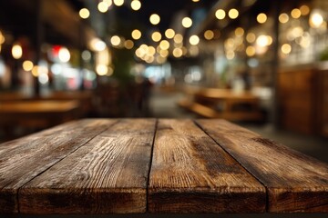 Rustic wooden table at night market. Warm lighting and blurry background.