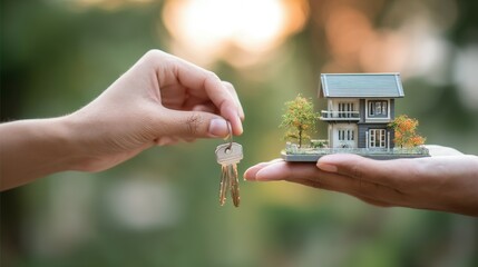 Two hands exchange miniature house keys.