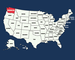 USA map with state names highlighted, featuring Washington DC location, perfect for education and geography use.