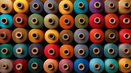 Fototapeta premium Threads of Creation: A vibrant display of spools of colorful thread, arranged in perfect rows, embodies the essence of creativity, craft, and artistry. A testament to the beauty in detail.