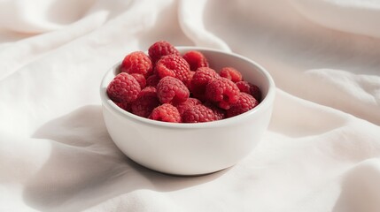 Fresh raspberries in a white bowl on a light fabric.