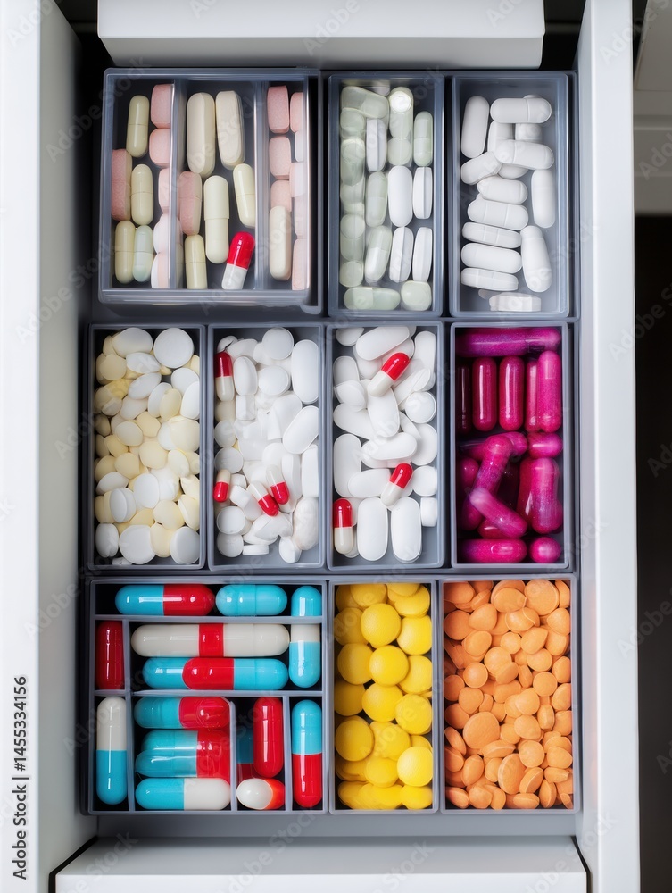 Poster organized pill drawer showcasing a variety of colorful and white medication in neat compartments fro