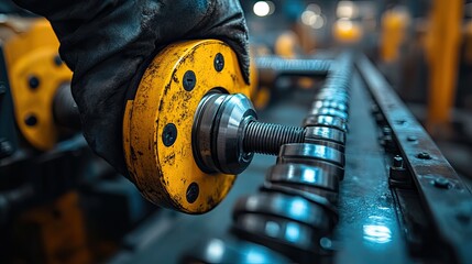 Obraz premium Factory Worker Adjusting Machinery.